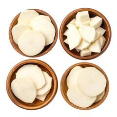 Overhead shot of four wooden bowls with various sliced & diced root vegetables