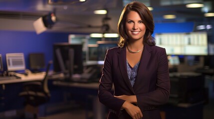 Female anchor sitting at a modern desk with a professional microphone, ring light, and laptop, hosting a live stream or recording a video, with a neat backdrop of shelves holding books or decorative