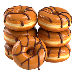 A stack of glazed donuts with caramel frosting and chocolate drizzle on a dark background