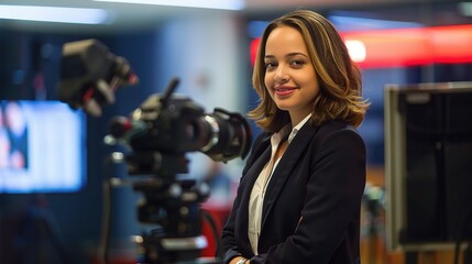 Female anchor sitting at a modern desk with a professional microphone, ring light, and laptop, hosting a live stream or recording a video, with a neat backdrop of shelves holding books or decorative