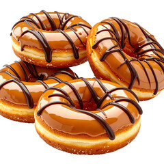Four glazed donuts, caramel topped, drizzled with chocolate, arranged on a black background