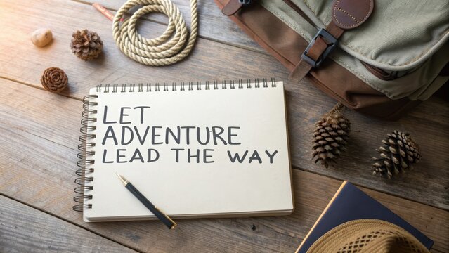 Inspiring Adventure Quote on Notebook Surrounded by Nature Elements and Travel Gear in Rustic Setting