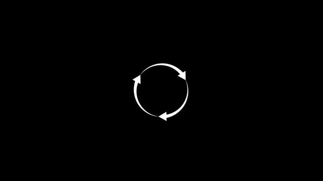 Three white arrows forming a circular rotation symbol on black background.refresh arrow icon Abstract arrow refresh and recycle icon.arrow loading bar animation.arrow animated circle loading gif icon.