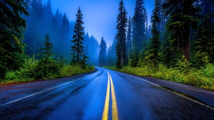 Naklejka premium Quiet foggy road on a dark empty two lane road in a forest near Forks, Washington in the Olympic National Park