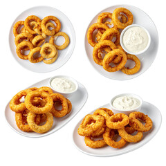 Four plates of golden, crispy onion rings with white dipping sauce against a black background