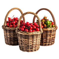 Three wicker baskets overflowing with vibrant red and green berries against a black backdrop