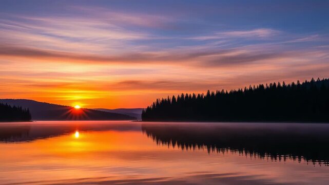 breathtaking sunrise illuminates tranquil lake casting vibrant orange and yellow hues across the water Silhouetted pine forests line distant shores under gradient sky with misty water
