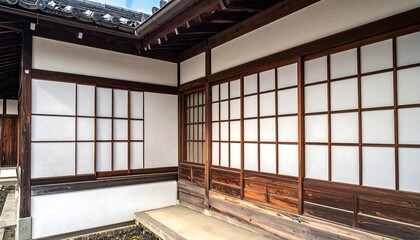 Traditional Japanese house exterior, white walls, wooden shoji screens