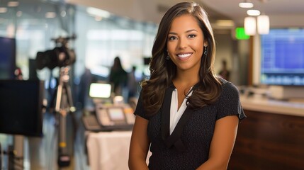 Female anchor sitting at a modern desk with a professional microphone, ring light, and laptop, hosting a live stream or recording a video, with a neat backdrop of shelves holding books or decorative