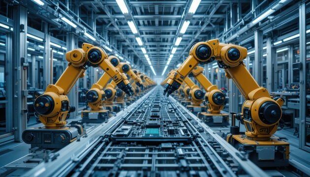 Cyber-physical system in action: a network of intelligent robotic arms and automated guided vehicles (AGVs) transporting and assembling electronics components on a conveyor