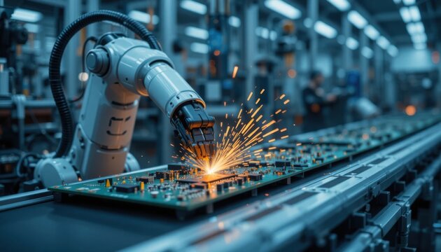 A single, highly articulated robotic arm performing a delicate soldering operation on a complex circuit board, sparks or laser effects, conveyor belt moving slowly, focus on precision