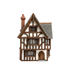 Miniature Tudor House Stands Elegantly with Timber Framing, Windows, and Brick Chimney Isolated