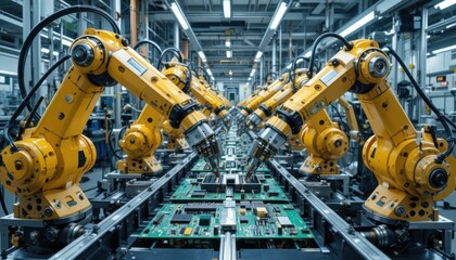 Fototapeta premium Several advanced robotic arms working in unison to populate intricate circuit boards on an automated conveyor line, symbolizing efficiency and speed in high-tech electronics production, bright sterile