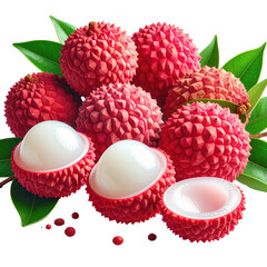 Close-up of vibrant red lychees, some halved to reveal juicy white fruit, with green leaves
