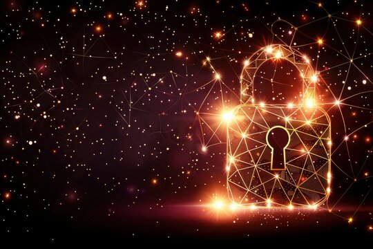 Glowing digital padlock formed from network nodes and connecting lines against a starry dark background, symbolizing cybersecurity, encryption, and data protection.