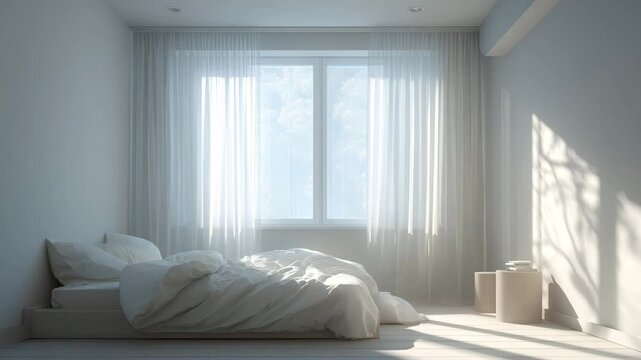 Minimalist bedroom with soft natural light, white bedding, sheer curtain, neutral tone, calm and peaceful atmosphere featuring rumpled and unmade bed