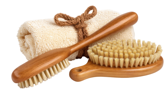 Natural bristle bath brushes and rolled towel isolated on transparent background