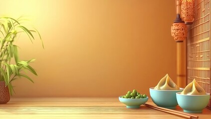 Asian food still-life with bamboo and serene golden lighting