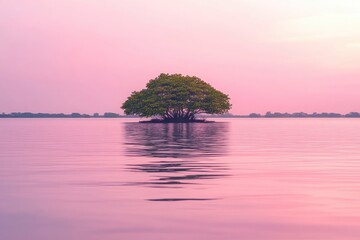 Solitary tree in still water under pink sky