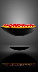 Floating bowl, vibrant red/yellow spheres on glossy black table