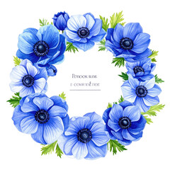 A vibrant wreath of blue, anemone-like blossoms with dark centers and green foliage
