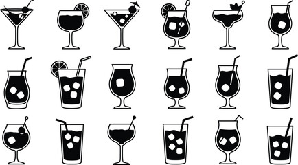 Collection of black and white icons of various cocktails and drinks with ice beverage glass