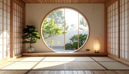 Tranquil Japanese-style room with a round window