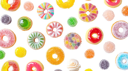 Colorful assorted donuts and candies isolated on transparent background