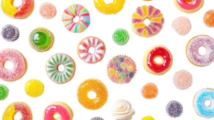 Colorful assorted donuts and candies isolated on transparent background