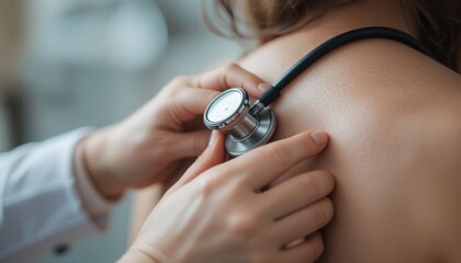 Doctor’s hands adjusting a stethoscope around a patient’s back for lung examination, cropped clinical shot.