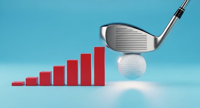 Golf club and ball on rising bar chart symbolizing financial growth and success