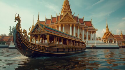 Thai Royal Barge Suphannahong in Front of Temple