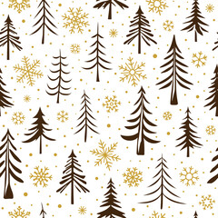 Obraz premium Seamless pattern of trees and snowflakes, winter holiday background, Christmas and New Year, vector design