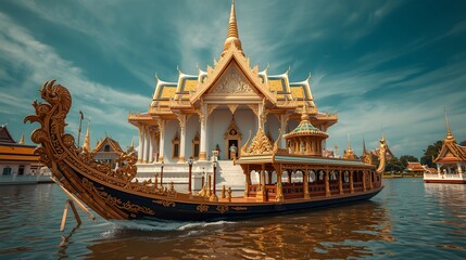 Thai Royal Barge Suphannahong in Front of Temple