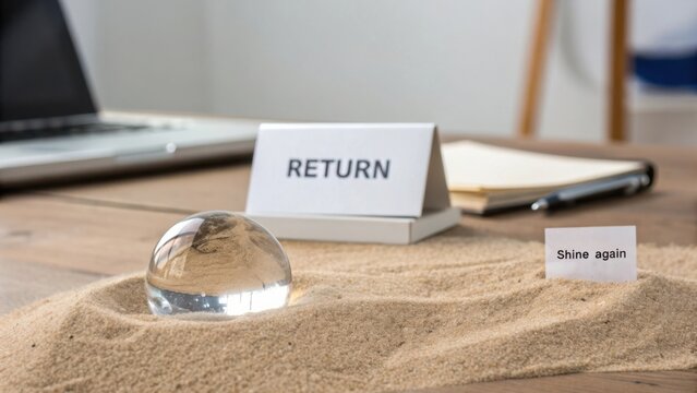 Clear sphere on sandy desk with inspirational note and return sign in an organized workspace setting