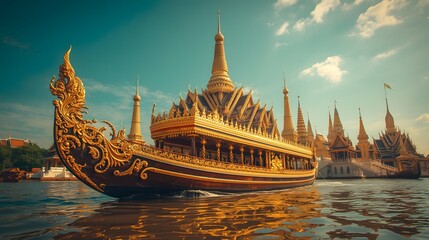 Thai Royal Barge Suphannahong in Front of Temple