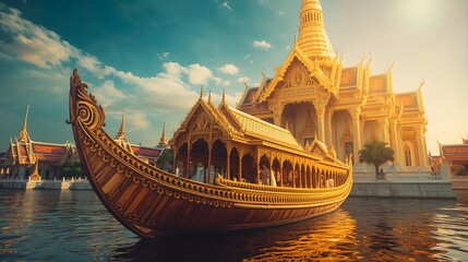 Thai Royal Barge Suphannahong in Front of Temple