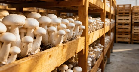 Fototapeta premium Fresh mushrooms grow on wooden shelves in a cultivation facility.