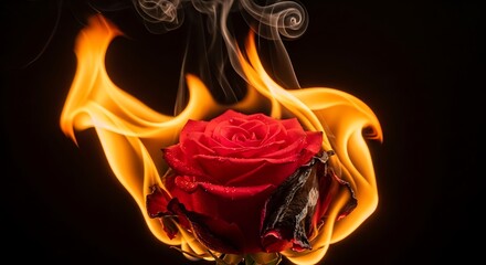 Burning Rose Dramatic Flame Engulfing a Red Rose with Studio Shot, and Black Background.