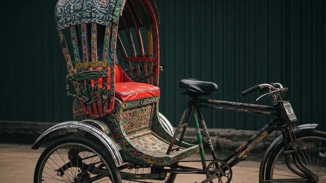 Detailed View Of A Rickshaw Cycle With Ornate Decorations In Front Of Green Wall