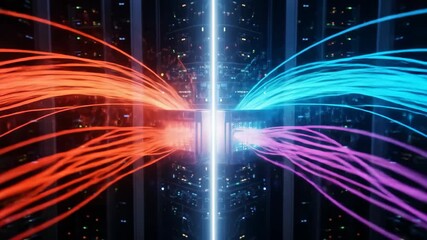 Digital data streams flowing through a server room vibrant colored light trails - Powered by Adobe