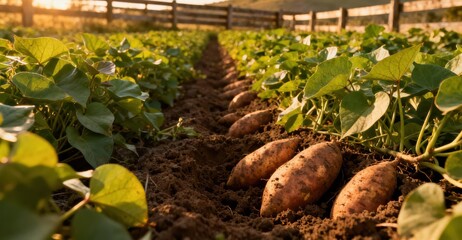 Ripe root vegetables grow in rich soil on a sunny farm field.
