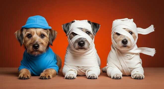 A funny studio portrait of three adorable puppies dressed up for Halloween. Two dogs are wrapped as mummies and one wears a cute blue costume with copy space