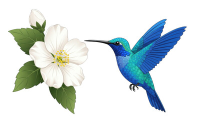 Obraz premium Colorful hummingbird hovering near a white flower (9)
