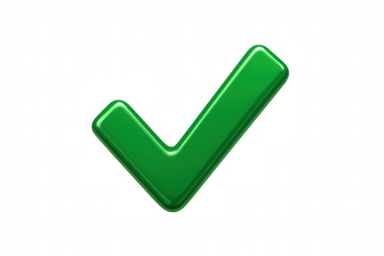Green glossy checkmark symbol representing success, approval, validation, and completion with transparent background