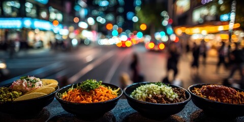 Fototapeta premium Delicious late-night Mexican Bowls and Tacos in the City