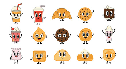 Obraz premium A delightful collection of kawaii baked goods and sweet drinks with smiling faces.