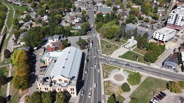 Aerial View of Brantford Ontario &ndash; Grand River, Downtown, Bridges, and Brant Conservation Area