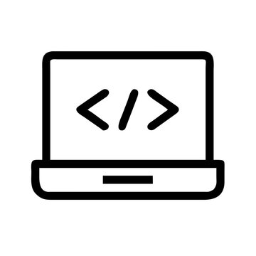 Laptop displaying code symbols, representing programming