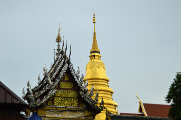Pagoda and Chapel, Lanna Architecture, Symbols of Buddhism, South East Asia at Wat Phra That Hariphunchai, Lamphun, Northern Thailand